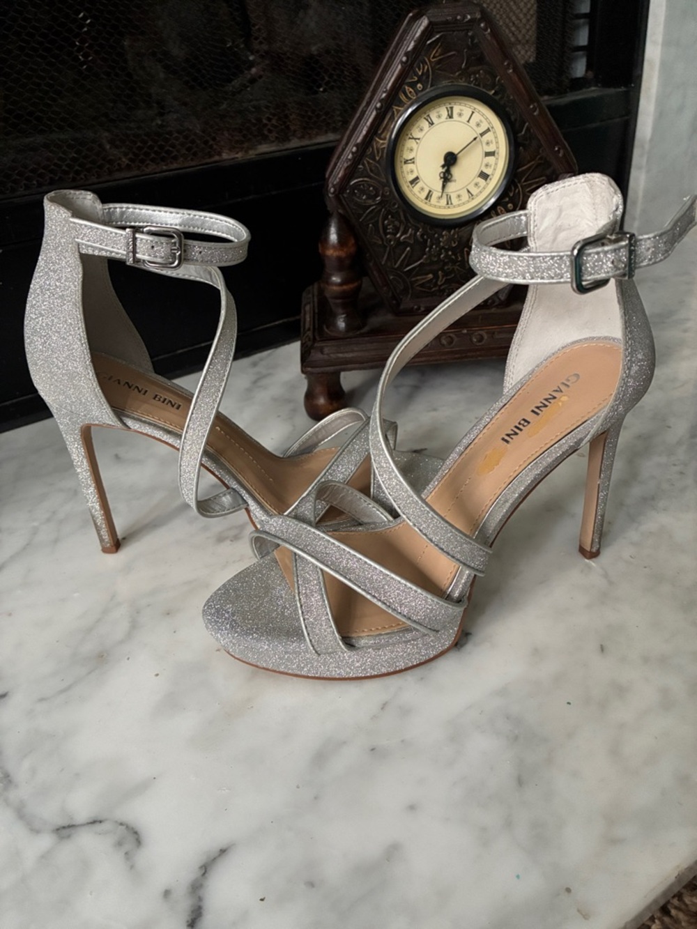 Gianni Bini Silver Glitter Crisscross Ankle Strap Heels